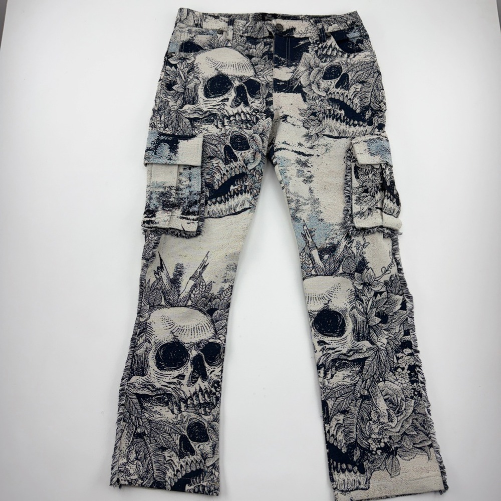 Rebel Vengeance Skull Tapestry Cargo Pants Men's 32 Gothic Fringe